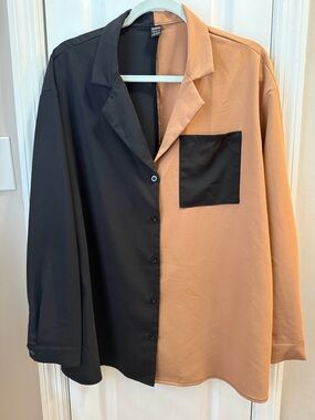 SHEIN Two-Tone Black and Camel Button-Up Shirt